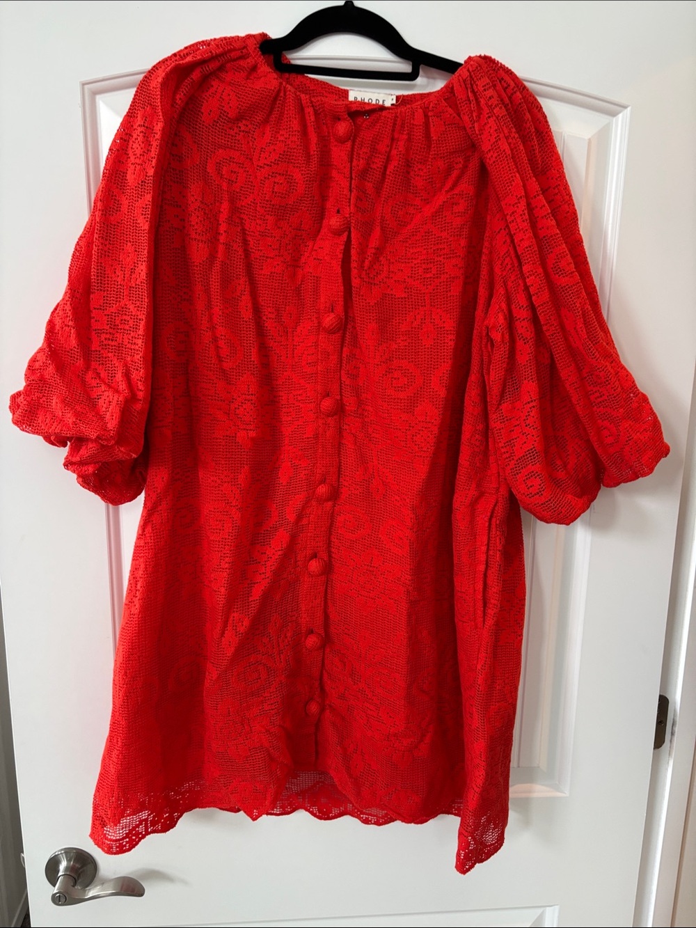 RHODE Red Lace Button-Back Puff-Sleeve Dress